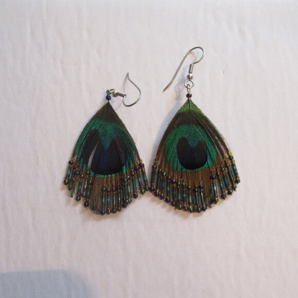 Vintage, Peacock Feather, Beaded, Earrings, Circa 1980's, Handmade - Picture 2 of 4